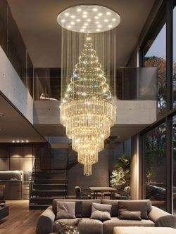 D40''X H120'' High Ceiling Chandelier Crystal Raindrop Big Chandeliers Staircase