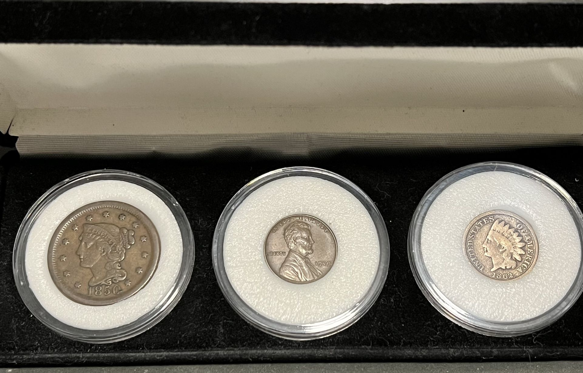 Set of 3 TYPE COINS • 1850 Braided Hair Large Cent Brothel Token, 1909 VDB Lincoln Wheat Penny, 1862 Indian Head + In Capsule Display Box