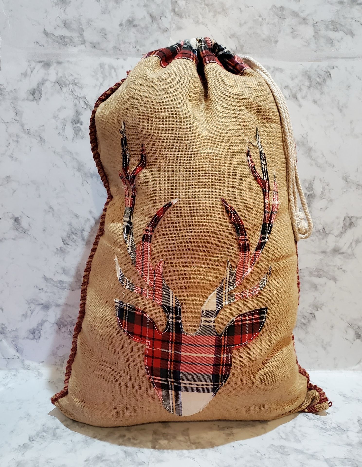 Large Stuffed Christmas Xmas Reindeer Bag Sack Red Plaid Pattern Decor 24 x 19