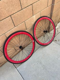 Red Bike Wheelset with Black Tires
