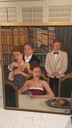 Large Framed Oil Painting An Unexpected Dinner 68 x 55”