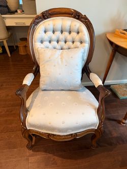 Antique Victorian Rococo Revival Carved Walnut Parlor Armchair