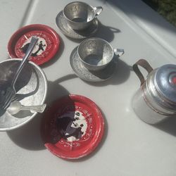 Mid Century Modern  Child’s  Aluminum Teapot With Miscellaneous Accessories 10 Pieces 