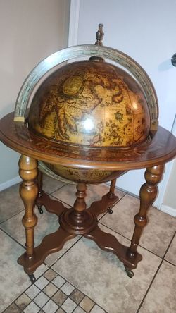 Vintage Solid Wood Rolling Latin Globe Bar Cart