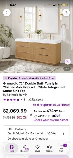 72" Double Bath Vanity in Washed Ash Grey with White Integrated Stone Sink Top By Latitude Run