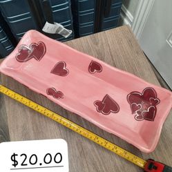 Pink w Red Hearts 18” Valentine Flight Platter Rectangular Ceramic Serving Tray
