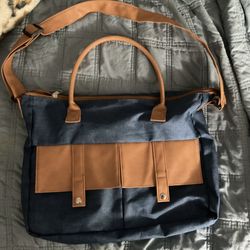 Navy Blue Canvas Brown Faux  Leather Shopper Bag