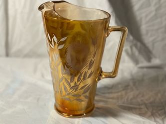 Amber Glass Pitcher with Floral Etching
