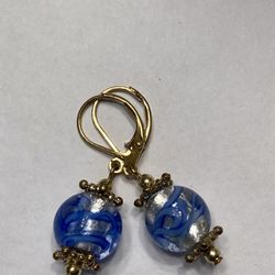 Fashion Jewelry Gold Lever Back Earrings With Blue Swirled Bead And Gold Accents