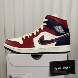 New* 2022 Nike Air Jordan 1 Mid " USA" Edition White Blue Red Womens Size 12 or MENS Size 10.5 US - OG All DS