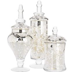 MyGift Set Of 3 Silver Mercury Glass Apothecary Jars, Weddings Centerpiece Candy Buffet