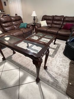 Cherry Wood 2 End Table with Glass Top, 1 console & 1 coffee table set