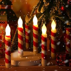 24 Pcs Flameless Striped Taper Candles Flickering Battery Operated Red Stripes LED Handheld Candles Lights for Xmas Church Wedding, 0.8 x 6.5 Inch