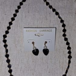 High Quality Black Heart Beaded Necklace Earrings Set