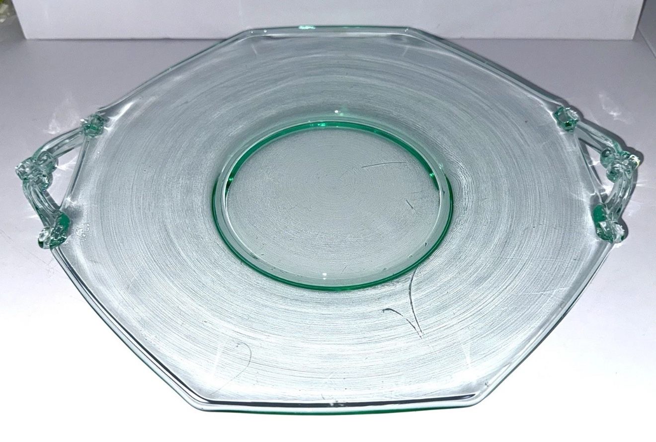 Vintage Green Lancaster Glass Platter with 2 Handles