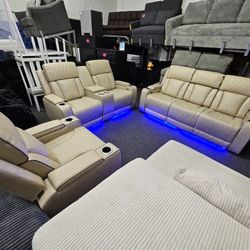 Gourges 3 Pcs Sofa, Love, & Chair Cream Faux Leather, LED Light & Wireless Charger $1899