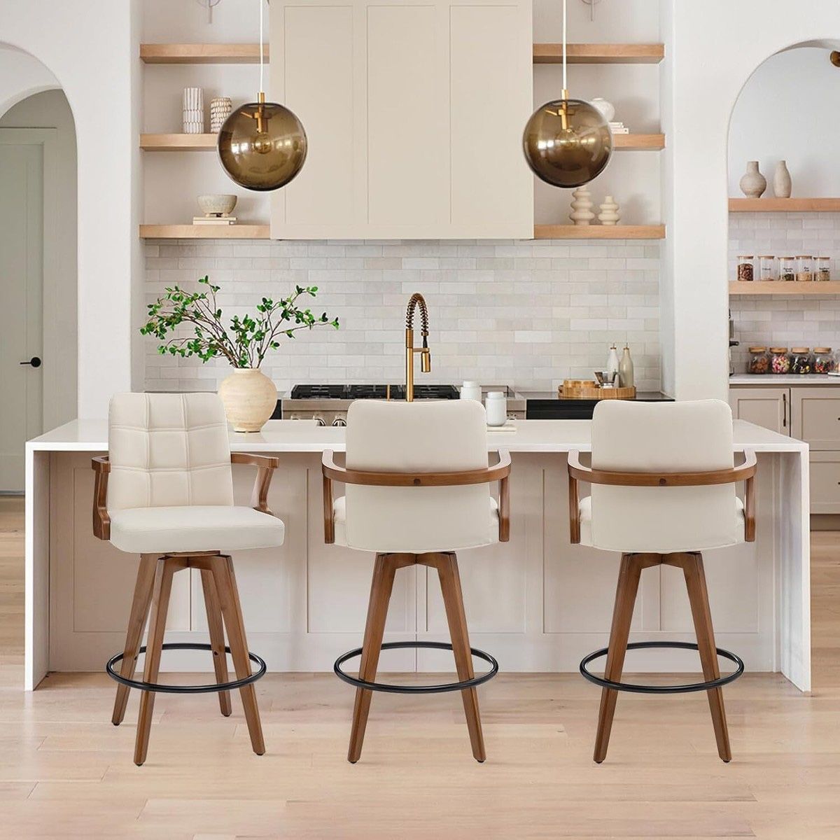 26” Beige Barstool Set of 3,Leather Upholstered Bar Chair, Swivel Bar Stools wit