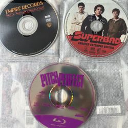 Superbad, Pitch Perfect, Empire Records DVDs Great collection of movies. Includes 3 dvds. No plastic gem boxes. In CD sleeve. I can mix and match any 