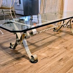 Wrought iron coffee table w/ glass top L60"xW23"xH16.25"