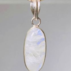 Natural Fiery Rainbow Moonstone & .925 Stamped Sterling Silver Necklace NEW!