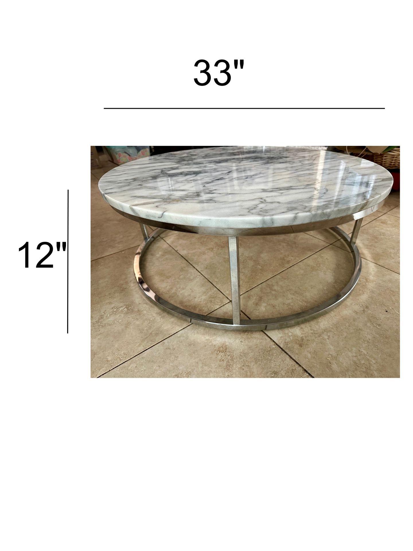 33” Round Marble Coffee Table With Metal Base