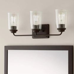 Hampton Bay Evangeline 23 in. 3-Light Modern Bronze Farmhouse Bathroom Vanity Light with Clear Seeded Glass Shades