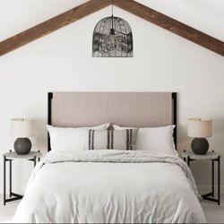 Queen Headboard with Rattan Accent, Bohemian Cane Upholstered Panel