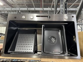 29.5 x 18 inch Kitchen Sink, Single Bowl Stainless Steel Sink Multifunctional Drop In Sink with Pull-Down Faucet and Multiple Accessories (Black Grey,