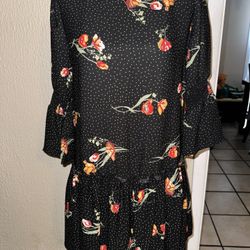 3/4 Sleeve Polka Dot Floral Dress- Black, Size M