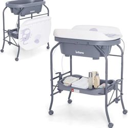 INFANS 2 in 1 Baby Changing Table with Bath Tub Unit, Folding Diaper Dresser Station with Wheels Waterproof Pad Storage Rack, Portable Nursery Organiz
