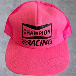 Vtg Champion Racing Trucker Hat Snapback Neon Pink Mesh Cap Made in USA 90s Rare
