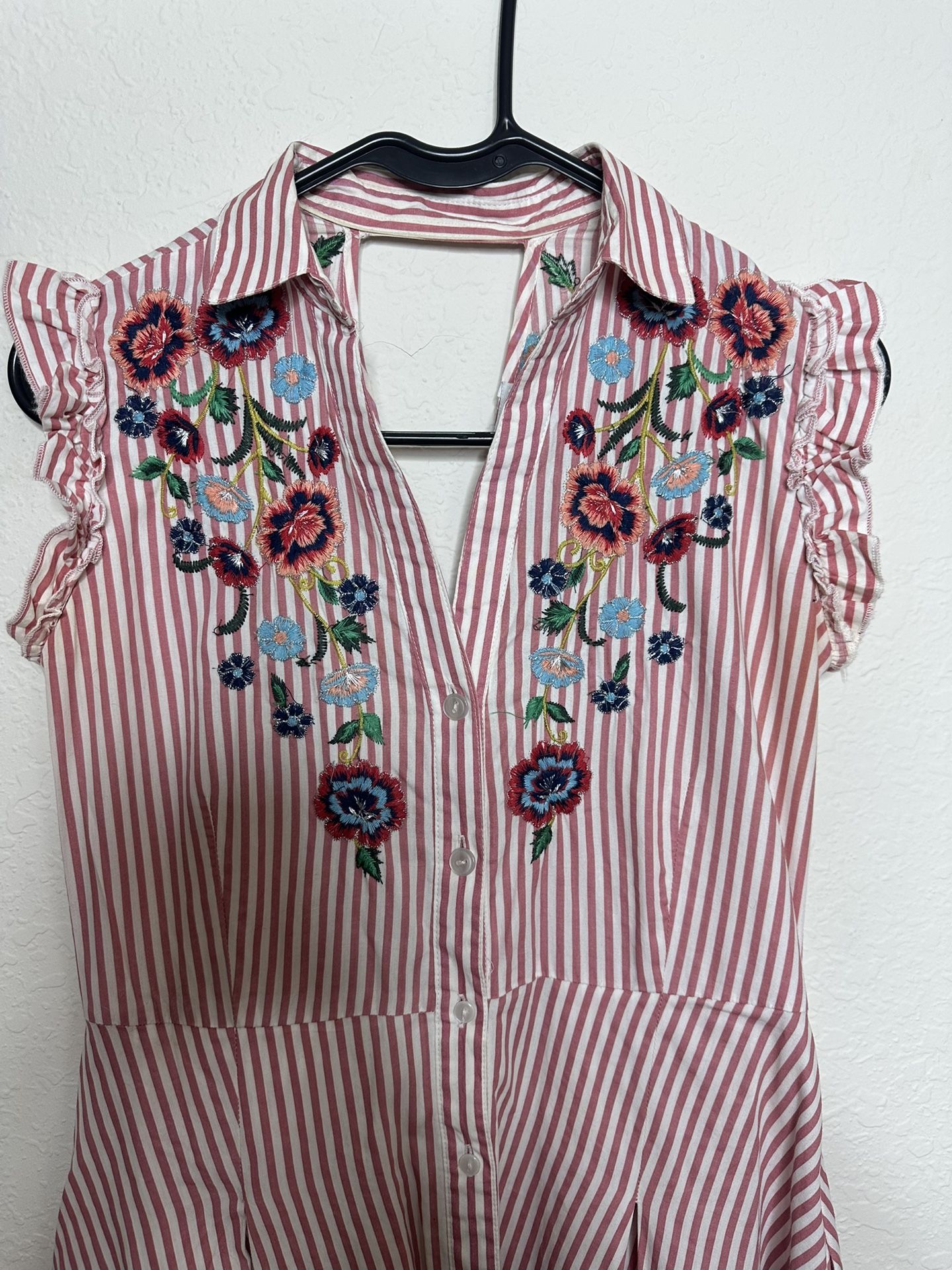 XS Vintage Zara Embroidered A Line Dress Pink And white stripes 