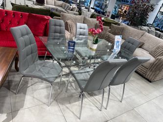 Glass Dining Table with 6 Gray Chairs 🩶🩶🩶