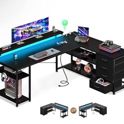 61 Inch L-Shaped Gaming Desk with 4 Drawers & LED Lights – Black or Grey