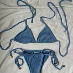 RILEY HUBATKA × PEPPERMAYO Blue Triangle Bikini with Gold Accents