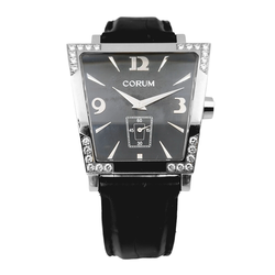 Ladies Corum Trapeze Stainless Steel Watch with Original Black Leather Band & Diamond Bezel. (Pre-Owned 106.405.47)