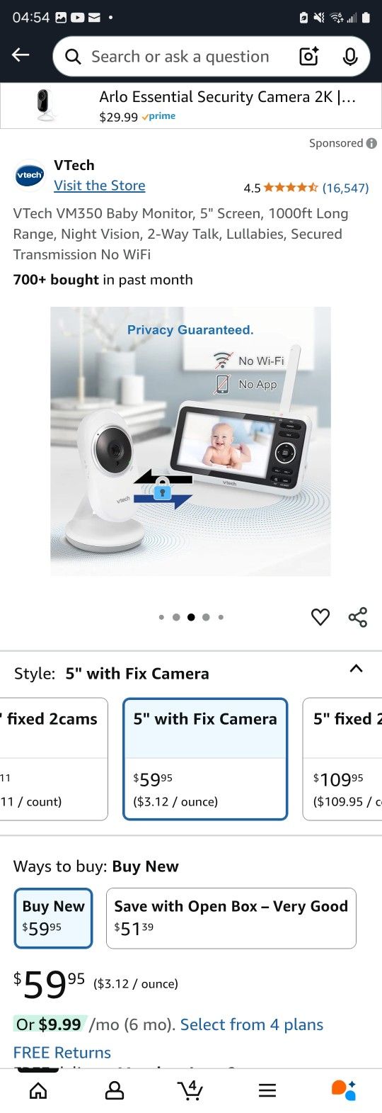 VTech VM350 Baby Monitor, 5" Screen, 1000ft Long Range, Night Vision, 2-Way Talk, Lullabies, Secured Transmission No WiFi