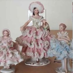 Vintage Germany Dresden Porcelain Lace Doll figurine Victorian Flower Basket Dolls Collectible Figures
