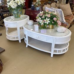 White Wicker Coffee Table And End Table Set With Glass Tops