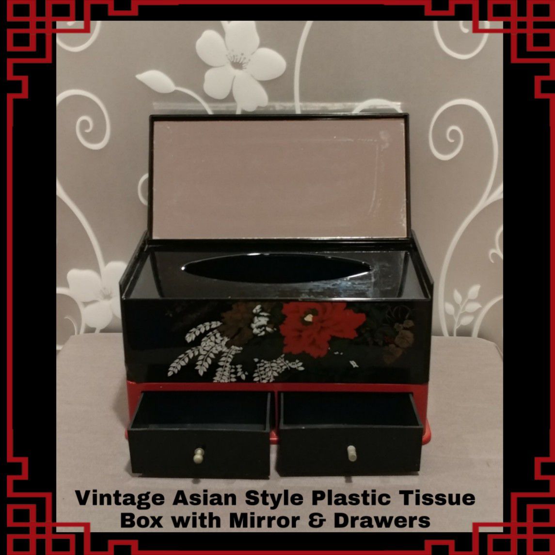 VINTAGE ASIAN STYLE PLASTIC TISSUE BOX WITH MIRROR & DRAWERS