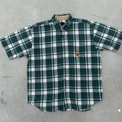 Disney green and white plaid short sleeve button up shirt size XL