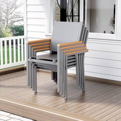 Gartenstuhl Aluminium 3 Set, Stapelbarer Esszimmerstuhl Textilene, WPC Handlauf, Balkonstühle, für Terrasse, Balkon, Terrasse, Pool, Restaurants, Wett