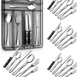 Teivio 24pcs Silverware With Bamboo Organizers 