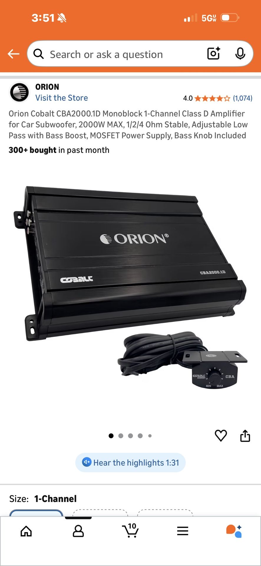 Orion Cobalt CBA2000.1D Monoblock 1-Channel Class D Amplifier for Car Subwoofer, 2000W MAX, 1/2/4 Ohm Stable, Adjustable Low Pass with Bass Boost, MOS