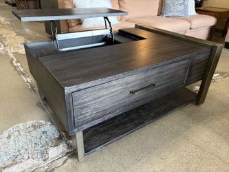 NEW! SIGNATURE DESIGN BY ASHLEY Forleeza Dark Gray Industrial Style Lift Top Cocktail Table with Painted Bronze Accents (Bellevue)