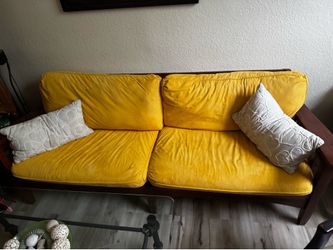 Mission-Style Wood Frame Sofa with Yellow Cushions