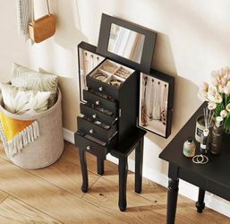 Black Wood Floor Standing Jewelry Armoire w/ Mirror, 4 Drawers, Necklace Hooks