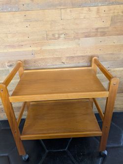 Vtg 60's Danish Mid-Century Modern Teak Rolling 2-Tier Cocktail Bar Serving Cart