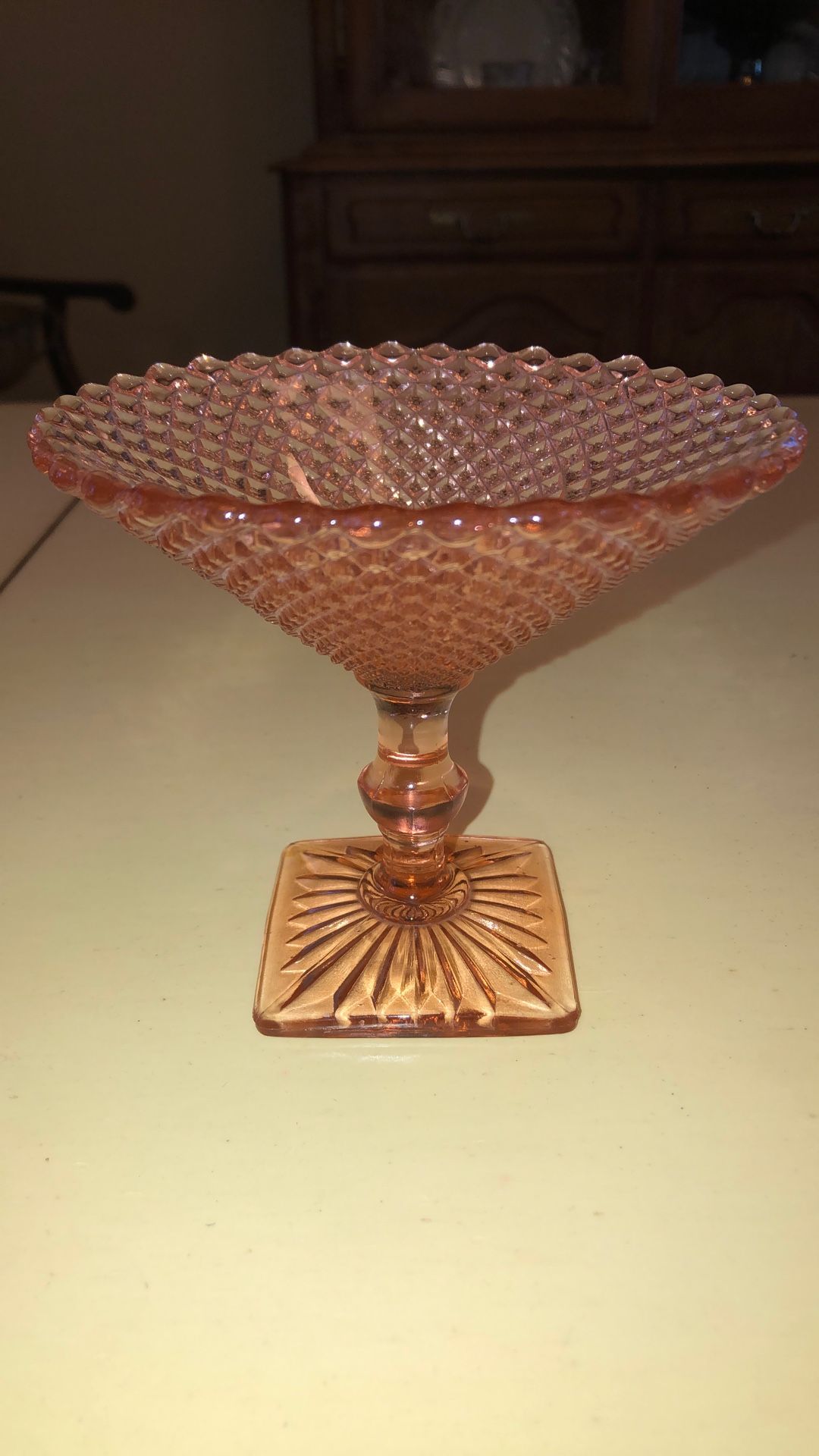 Vintage, Westmoreland Pink Hobnail Depression Glass, Candy Dish..Diamond Cut Pattern. 5 “ Tall