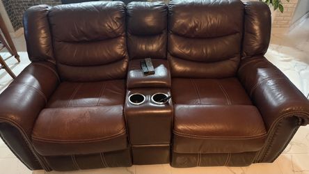 Brown Leather Reclining Loveseat with Console